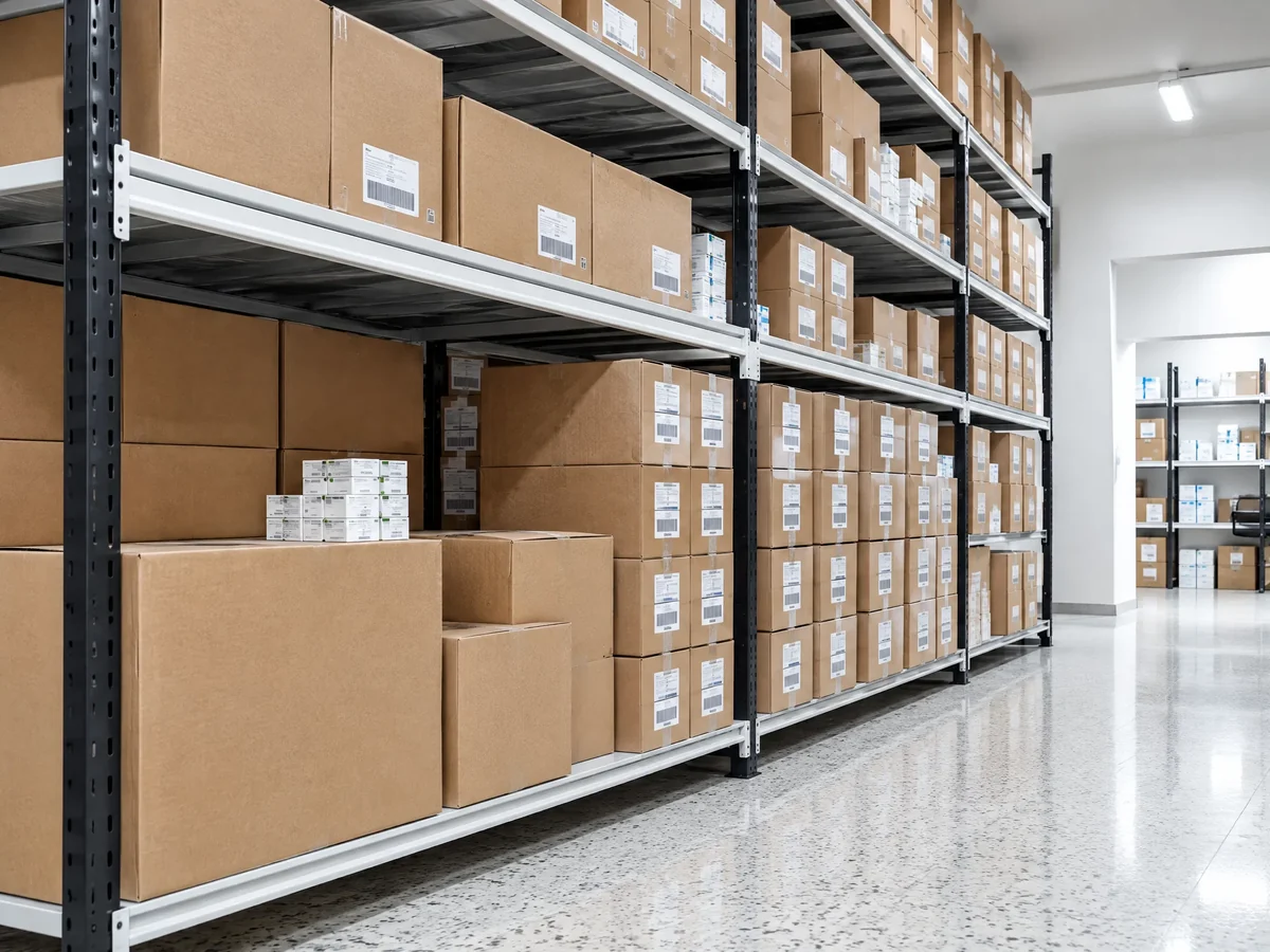 Warehouse shelving stocked with cartons and packaged healthcare products