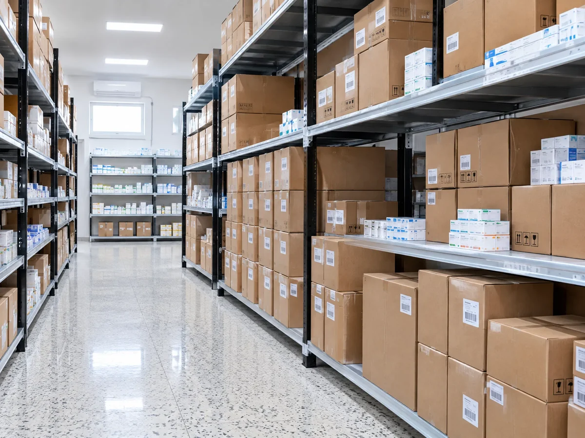 Warehouse aisle with storage shelves and boxed healthcare products
